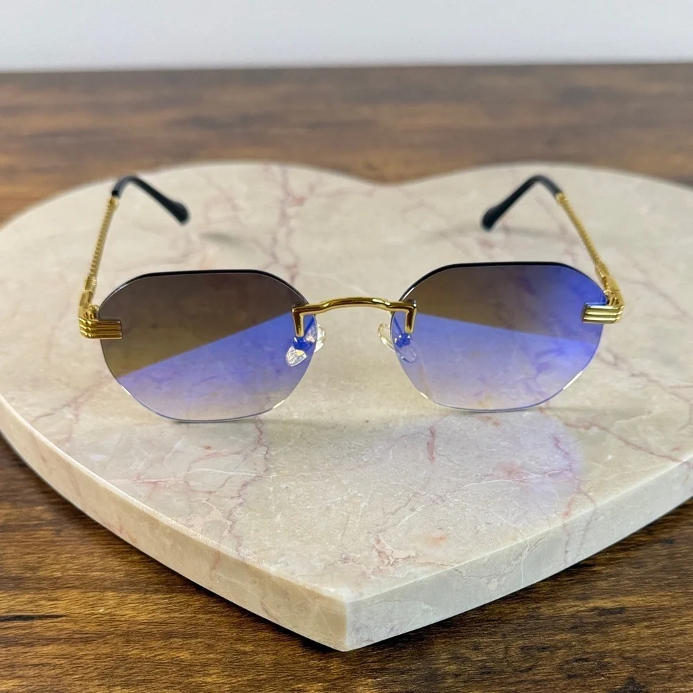 Gold and Blue Rimless Sunglasses